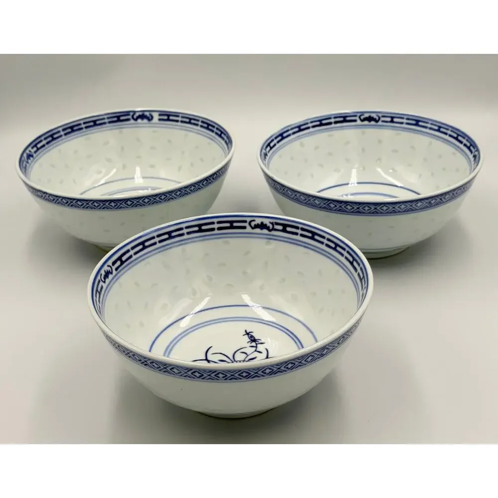 Tienshan Chinese Rice Grain Coupe Soup Bowls Blue & White Chrysanthemum 3pc Set